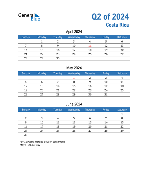  Costa Rica 2024 Quarterly Calendar 