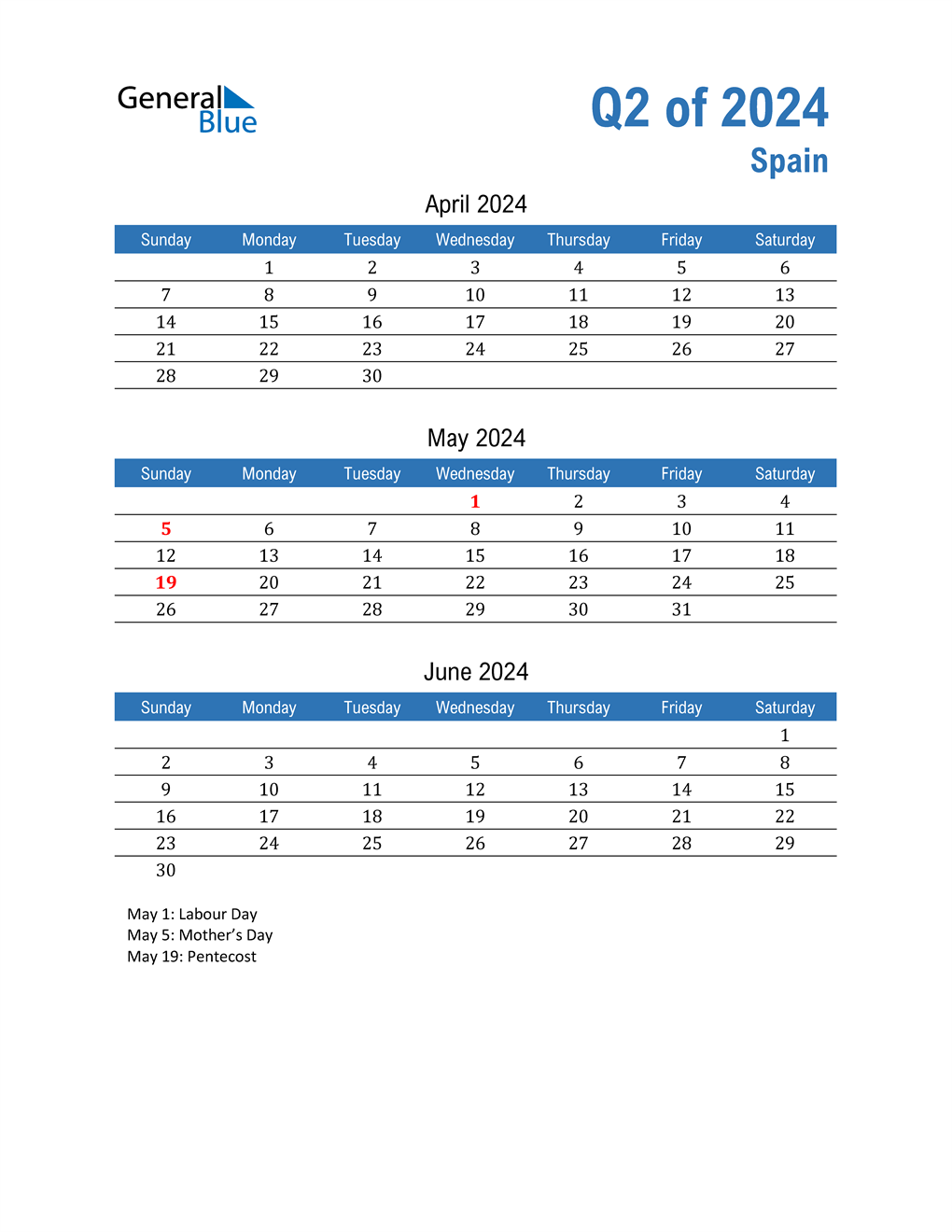  Spain 2024 Quarterly Calendar 
