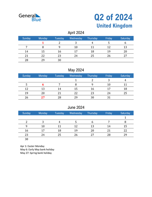 Q2 2024 Quarterly Calendar with United Kingdom Holidays