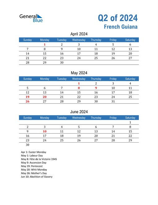  French Guiana 2024 Quarterly Calendar 
