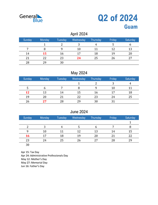 Q2 2024 Quarterly Calendar for Guam