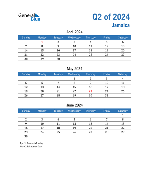 Q2 2024 Quarterly Calendar with Jamaica Holidays