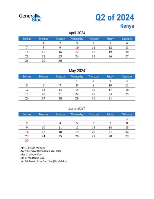 Q2 2024 Quarterly Calendar for Kenya