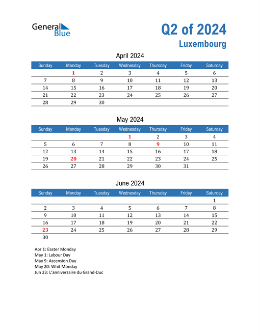  Luxembourg 2024 Quarterly Calendar 