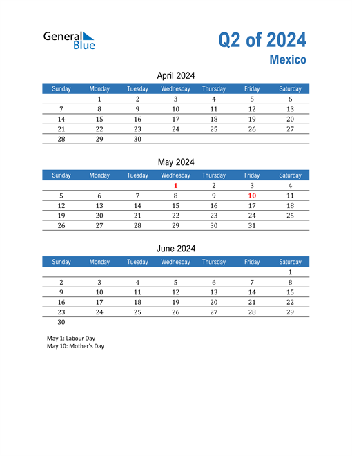 Q2 2024 Quarterly Calendar with Mexico Holidays
