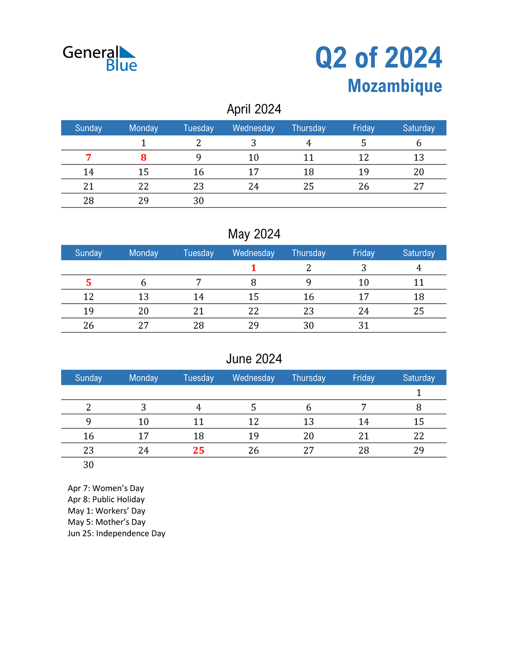 Mozambique 2024 Quarterly Calendar 