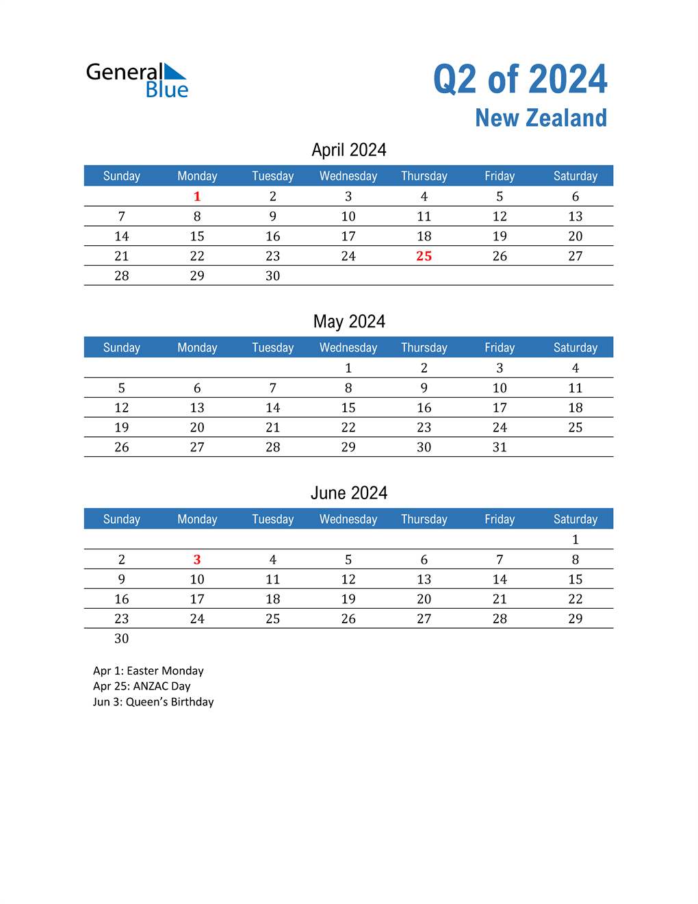  New Zealand 2024 Quarterly Calendar 