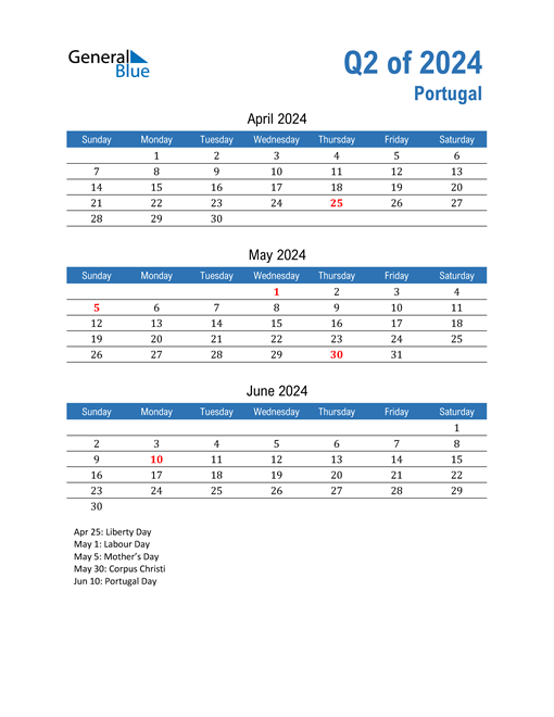 Q2 2024 Quarterly Calendar with Portugal Holidays