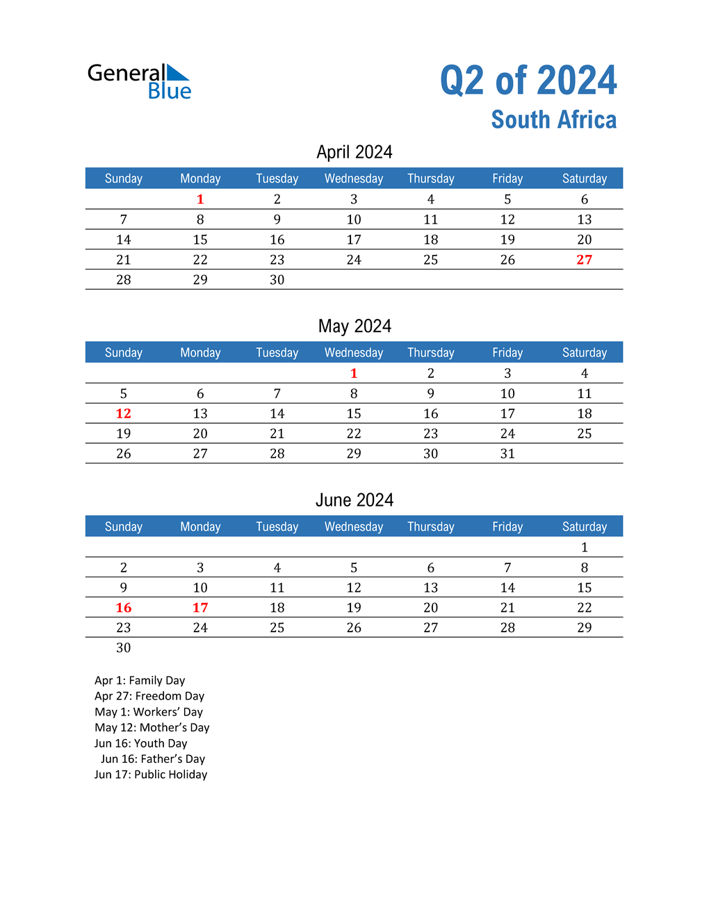  South Africa 2024 Quarterly Calendar 