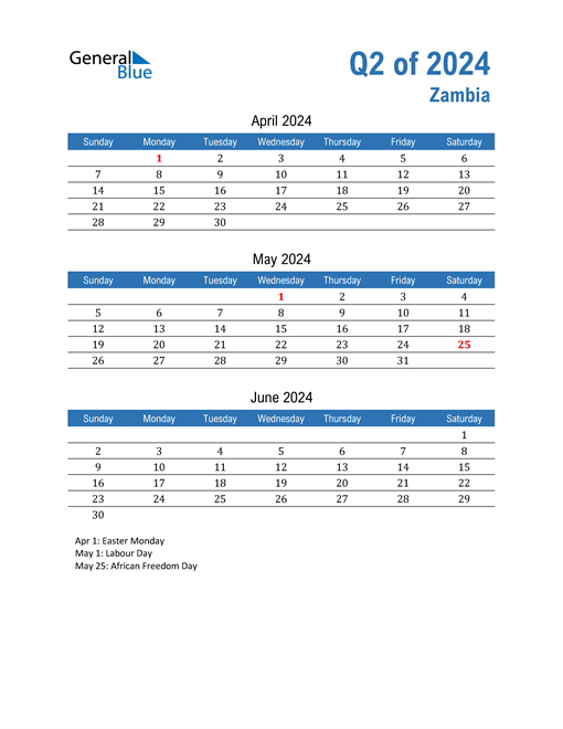 Q2 2024 Quarterly Calendar for Zambia