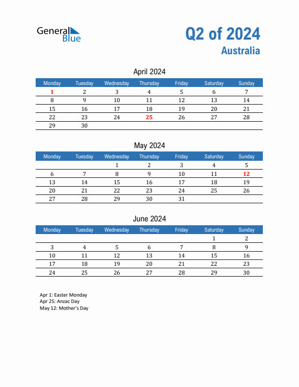 Australia 2024 Quarterly Calendar with Monday Start