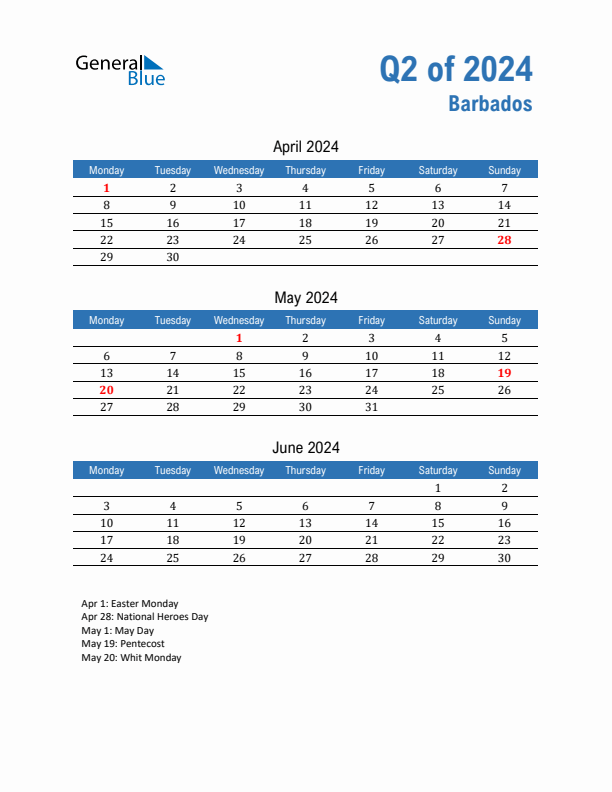 Q2 2024 Monday Start Quarterly Calendar with Barbados Holidays