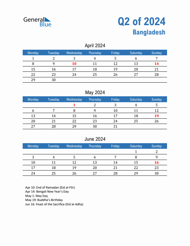 Bangladesh 2024 Quarterly Calendar with Monday Start