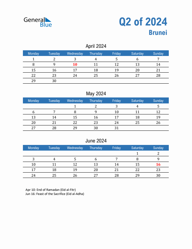 Brunei 2024 Quarterly Calendar with Monday Start