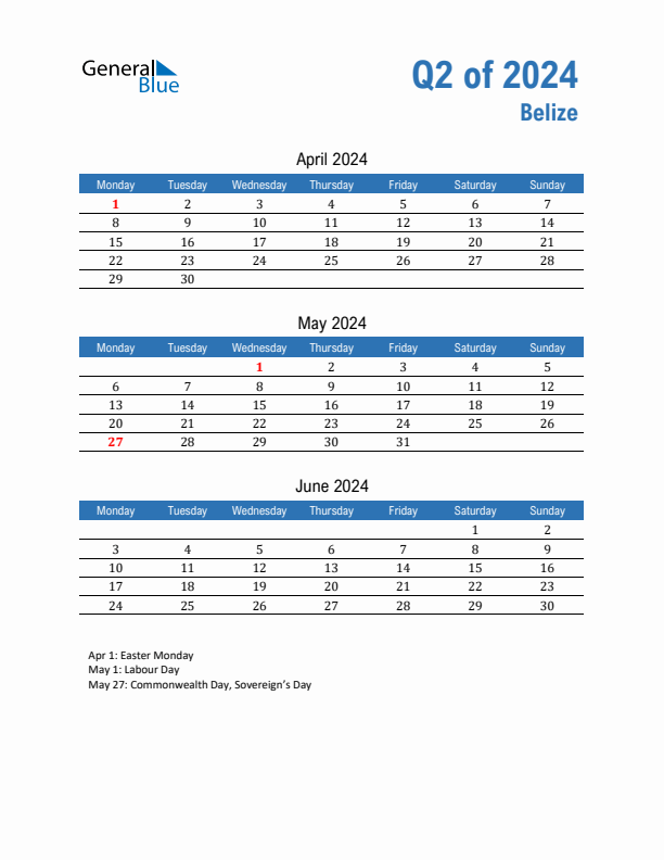Belize 2024 Quarterly Calendar with Monday Start