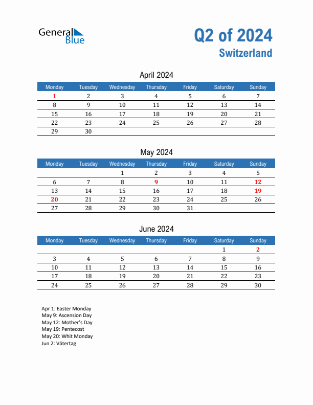 Switzerland 2024 Quarterly Calendar with Monday Start