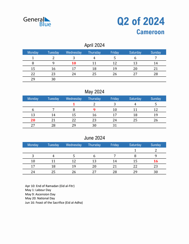 Cameroon 2024 Quarterly Calendar with Monday Start