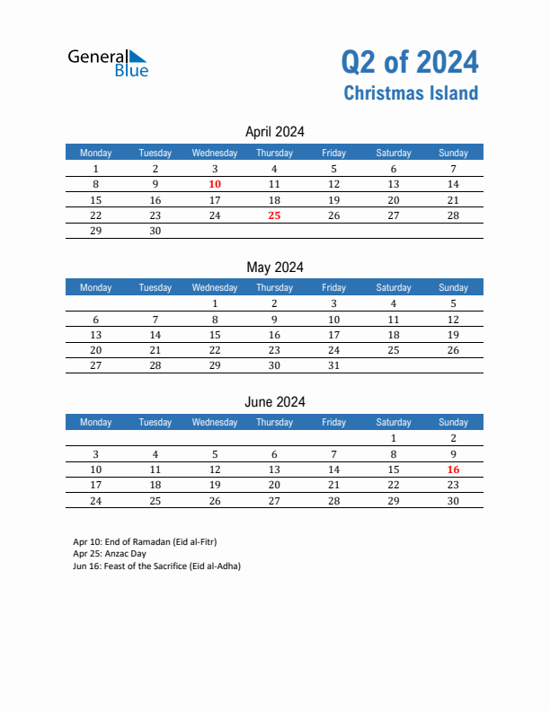 Christmas Island 2024 Quarterly Calendar with Monday Start