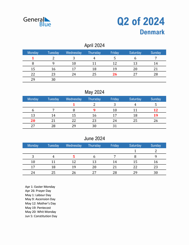 Denmark 2024 Quarterly Calendar with Monday Start