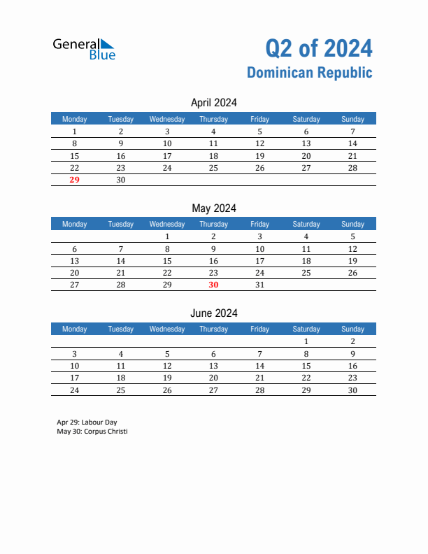 Dominican Republic 2024 Quarterly Calendar with Monday Start