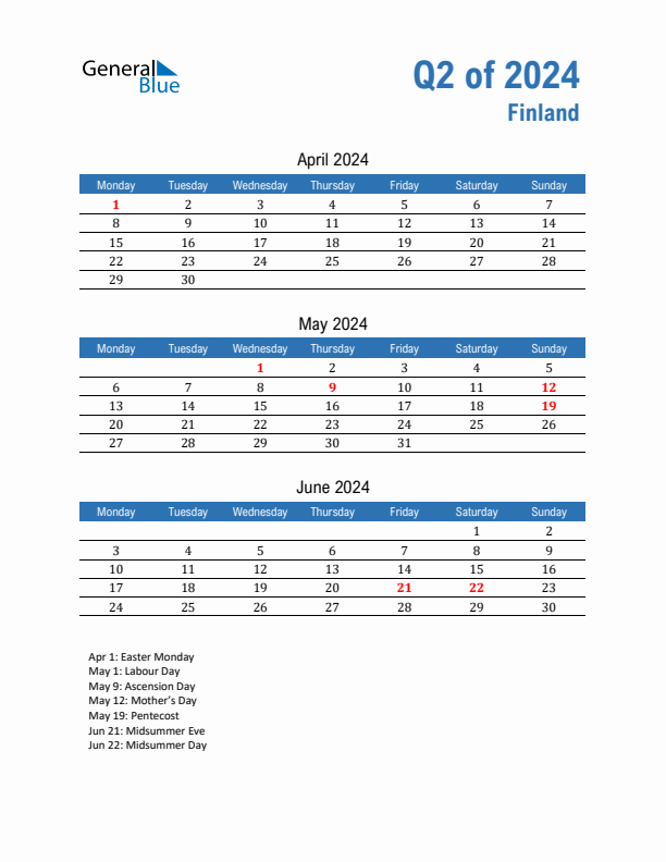 Finland 2024 Quarterly Calendar with Monday Start