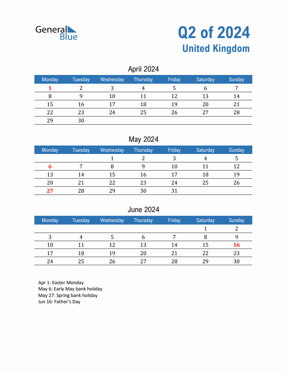 United Kingdom 2024 Quarterly Calendar with Monday Start