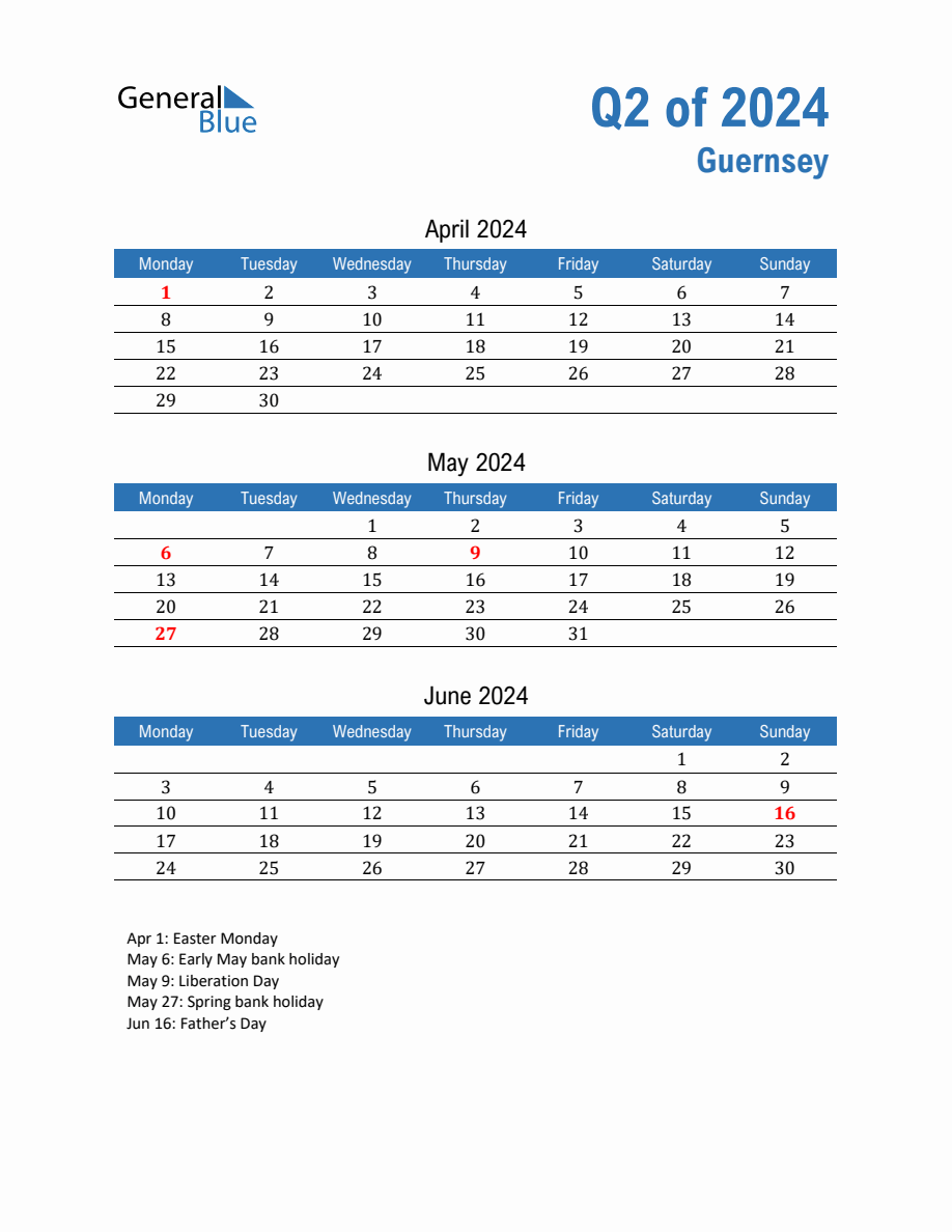 Guernsey 2024 Quarterly Calendar with Monday Start