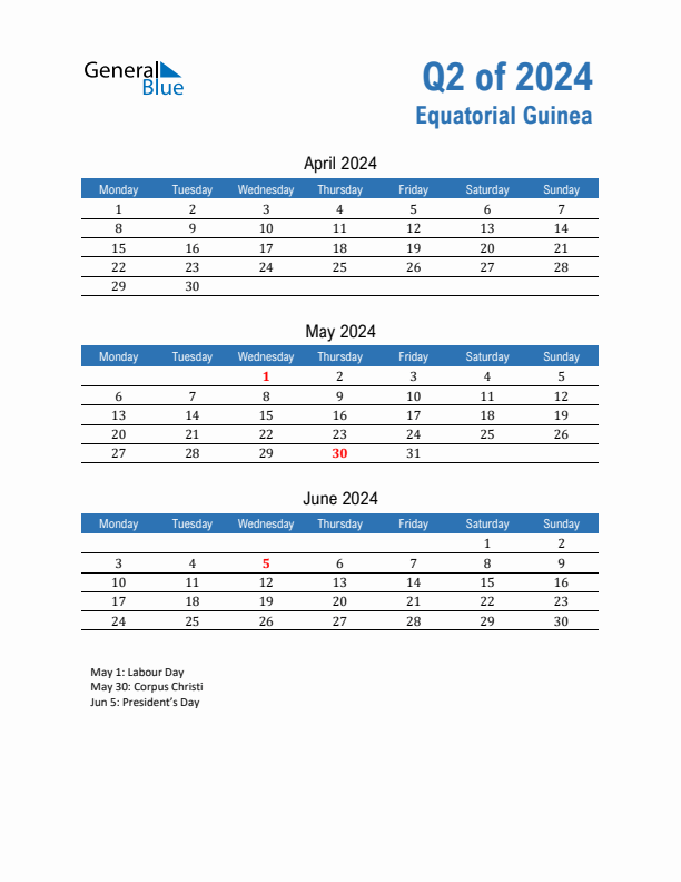 Equatorial Guinea 2024 Quarterly Calendar with Monday Start