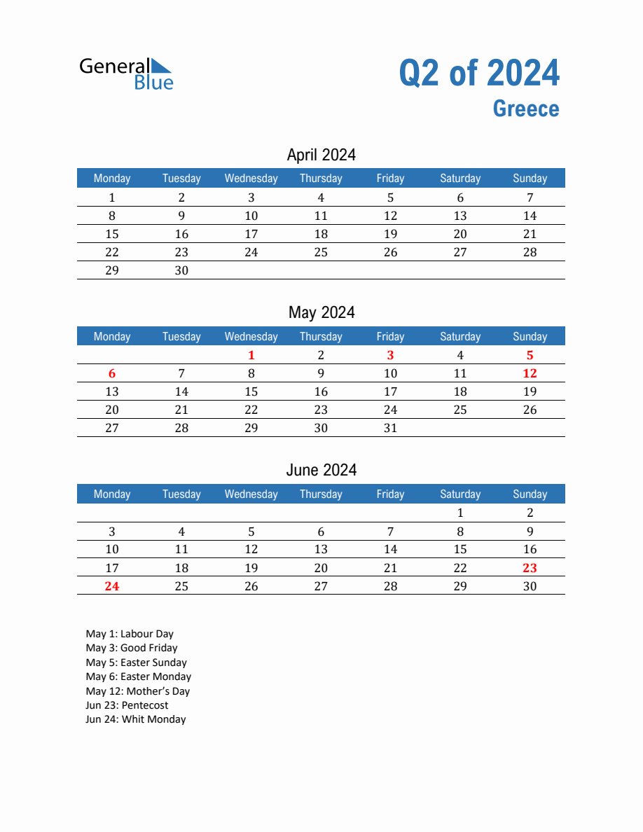 Greece 2024 Quarterly Calendar with Monday Start