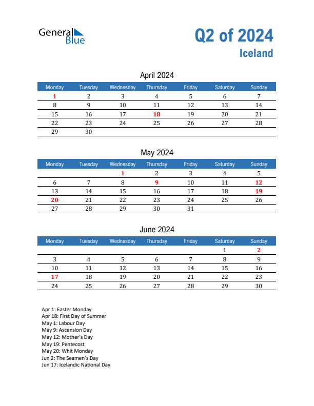 Iceland 2024 Quarterly Calendar with Monday Start