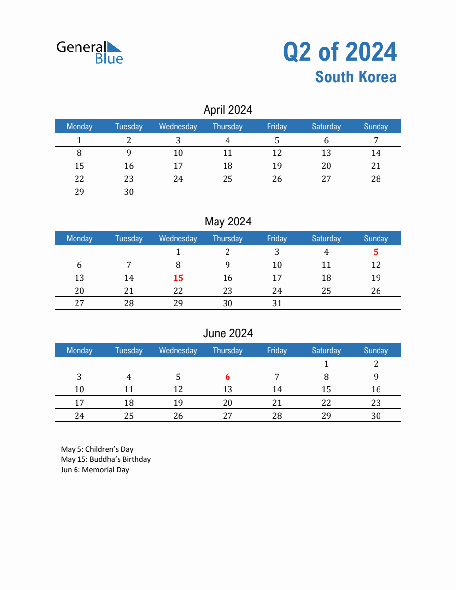 South Korea 2024 Quarterly Calendar with Monday Start