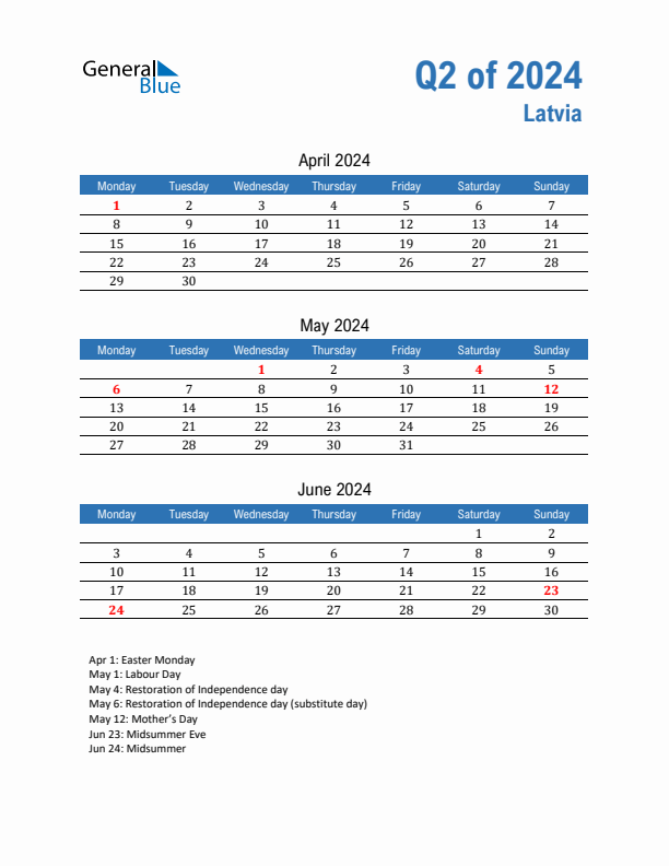 Latvia 2024 Quarterly Calendar with Monday Start