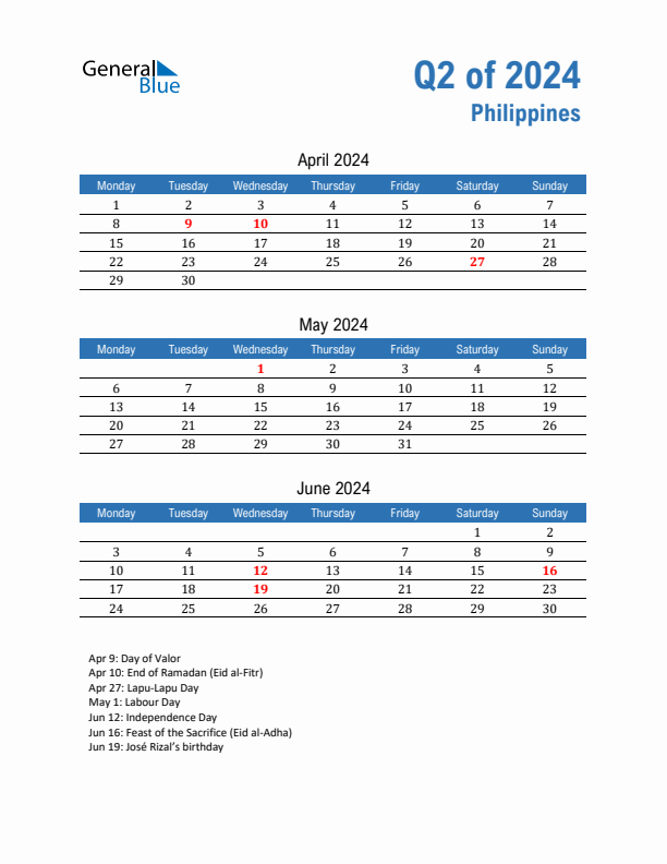 Philippines 2024 Quarterly Calendar with Monday Start