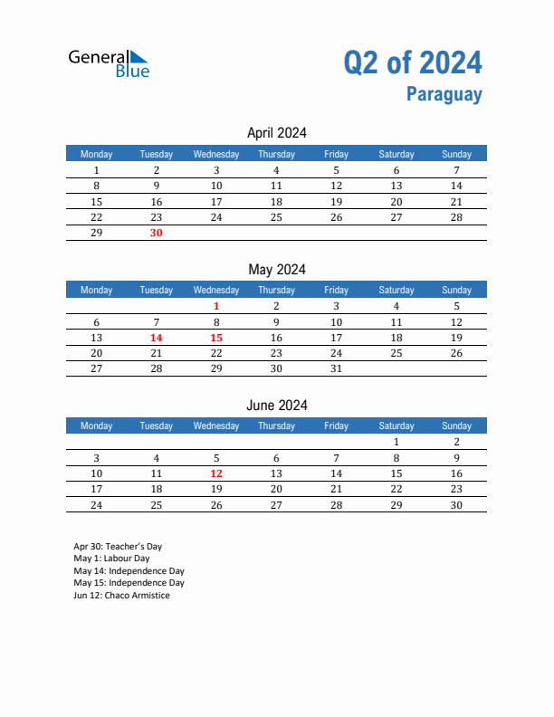 Paraguay 2024 Quarterly Calendar with Monday Start