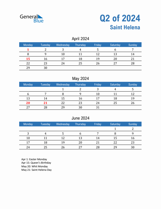 Saint Helena 2024 Quarterly Calendar with Monday Start