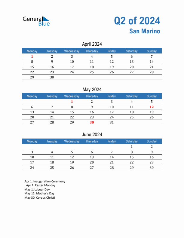 San Marino 2024 Quarterly Calendar with Monday Start