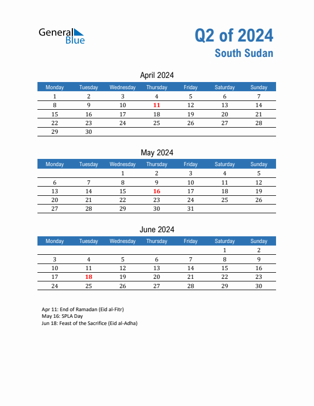 South Sudan 2024 Quarterly Calendar with Monday Start