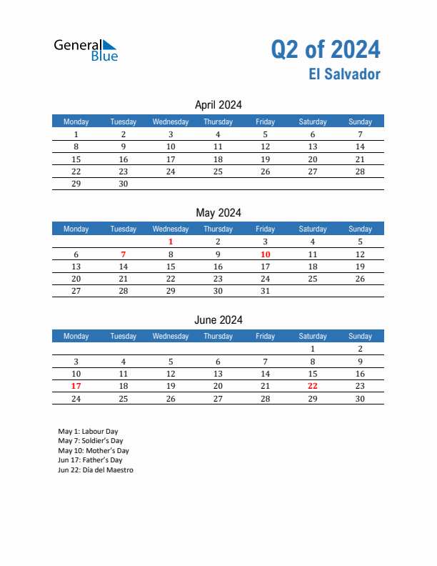 El Salvador 2024 Quarterly Calendar with Monday Start