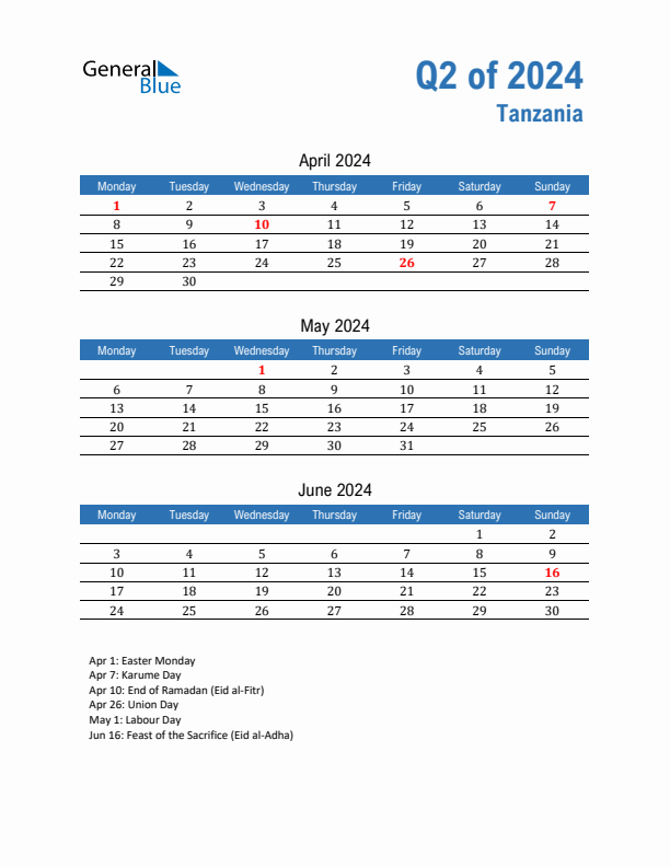 Tanzania 2024 Quarterly Calendar with Monday Start