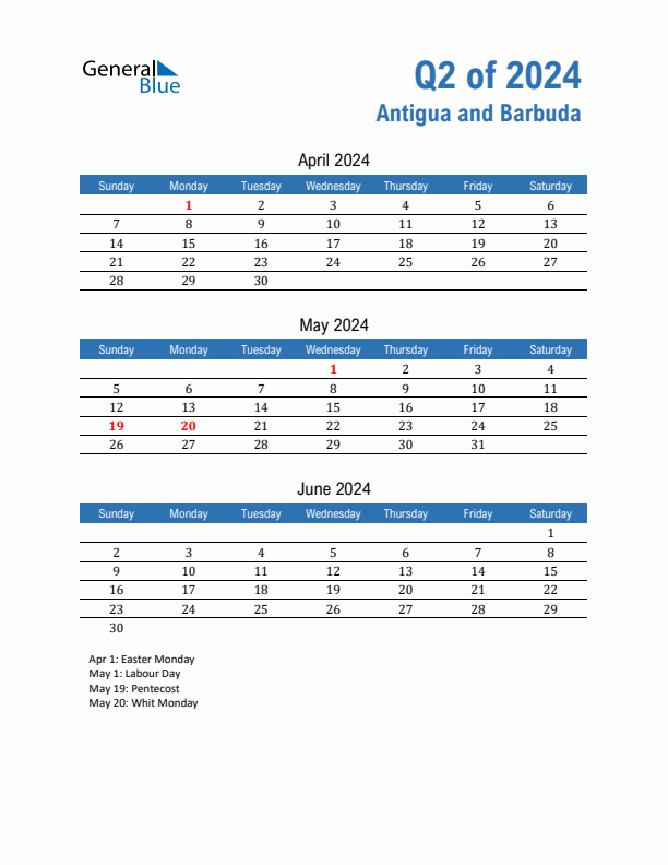 Antigua and Barbuda 2024 Quarterly Calendar with Sunday Start