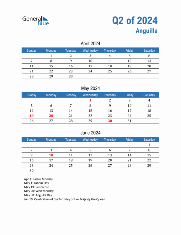 Anguilla 2024 Quarterly Calendar with Sunday Start