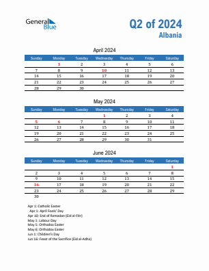 Albania Quarter 2  2024 calendar template