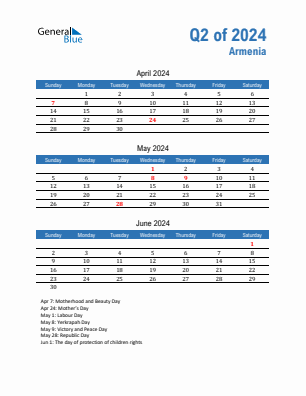 Armenia Quarter 2  2024 calendar template