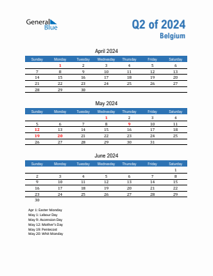 Belgium Quarter 2  2024 calendar template