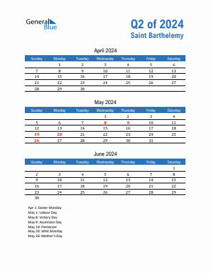 Saint Barthelemy Quarter 2  2024 calendar template