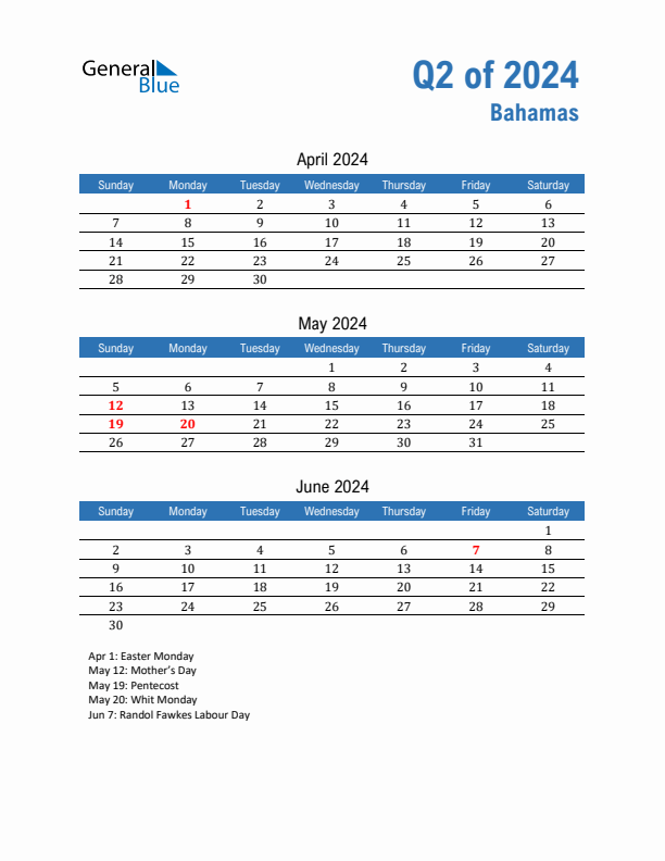 Bahamas 2024 Quarterly Calendar with Sunday Start