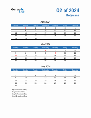 Botswana Quarter 2  2024 calendar template