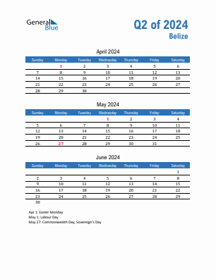 Belize Quarter 2  2024 calendar template