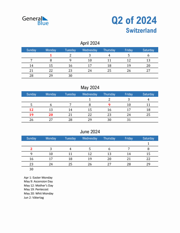Switzerland 2024 Quarterly Calendar with Sunday Start