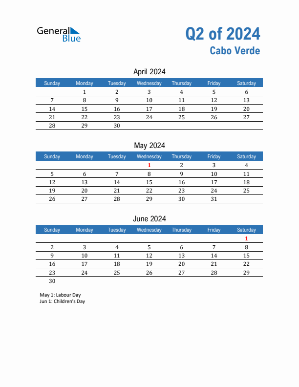 Cabo Verde 2024 Quarterly Calendar with Sunday Start